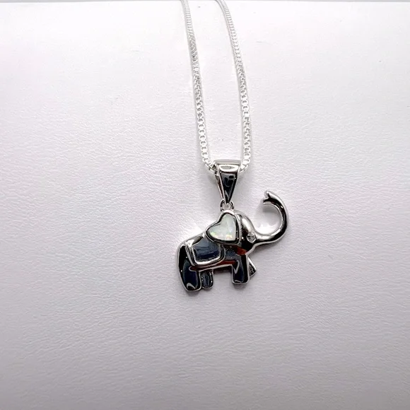 .925 Sterling Silver Elephant Necklace with Lab Opal Heart Ear